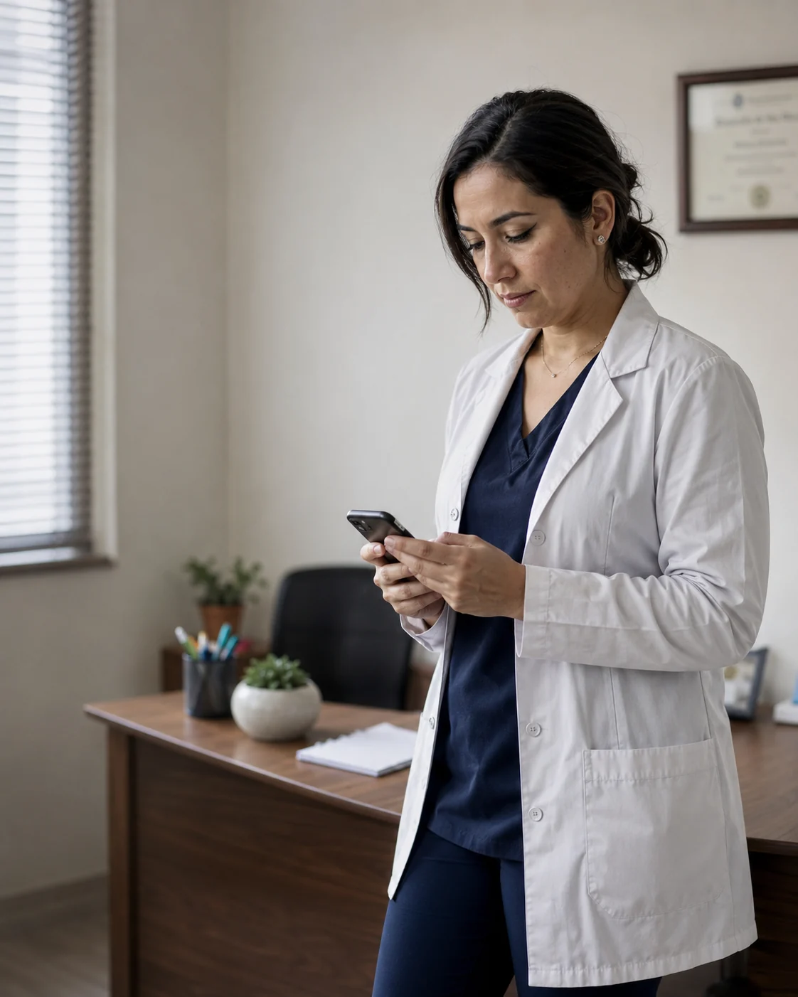 Médica en su consultorio revisando su celular
